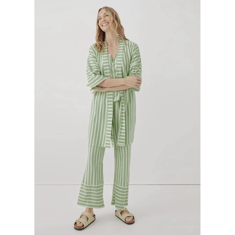 Pact Staycation Organic Cotton Striped Pajama Robe Pants Set Sz S Green Holiday